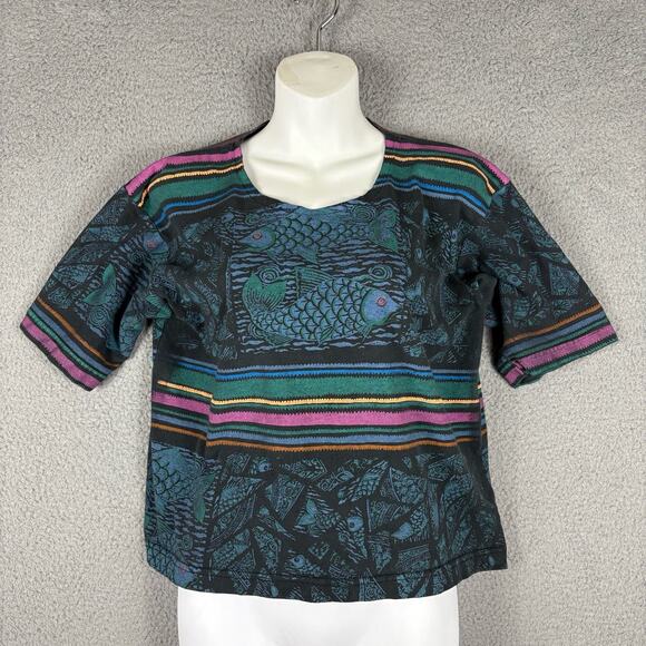 Vtg Bacio Top Women’s Medium Multicolor Fish Print Crop T-shirt USA 80s 90s - Picture 1 of 10